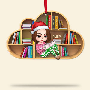 Book Girl Reading On Bookshelf, Personalized Acrylic Ornament - Ornament - GoDuckee