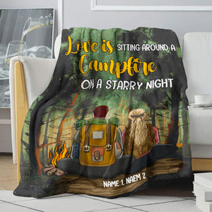Personalized Camping & Hiking Couple Blanket - Love Is Sitting Around A Campfire On A Starry Night - Blanket - GoDuckee