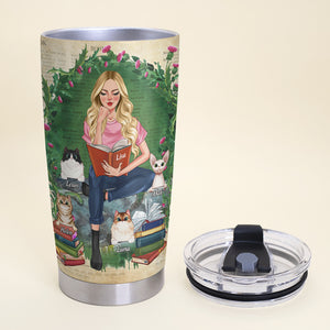Personalized Reading Girl Tumbler - Girl Reading with Her Cats - Tumbler Cup - GoDuckee