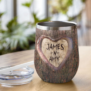 Valentine Wine Tumbler - Custom Couple's Name & Year - Together Since - Heart Carved In Tree Theme - Wine Tumbler - GoDuckee
