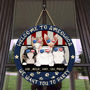 Welcome To Ameowica We Want You To Party Personalized Round Wooden Sign - Wood Sign - GoDuckee