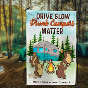 Personalized Camping Bear Family Flag - Drive Slow Drunk Campers Matter - Custom Camper - Flag - GoDuckee