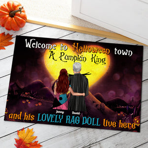 Personalized Horror Couple Welcome Mat - Pumpkin King & His Lovely Rag Doll Live Here - Doormat - GoDuckee