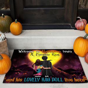 Personalized Horror Couple Welcome Mat - Pumpkin King & His Lovely Rag Doll Live Here - Doormat - GoDuckee