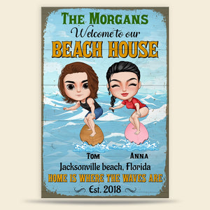 Welcome To Our Beach House Personalized Surfing Couple Metal Sign Gift For Couple - Metal Wall Art - GoDuckee