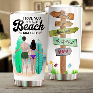 Personalized Surfing Couples Tumbler - I love you to the beach and back - Tumbler Cup - GoDuckee