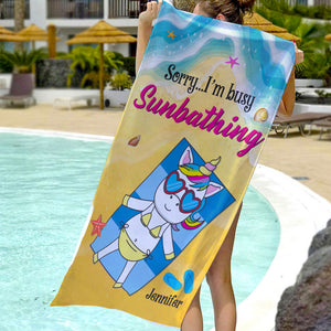 Sorry... I'm A Busy Sunbathing Unicorn - Personalized Beach Towel, Unicorn Beach Towel - Cute Gift For Her - Beach Towel - GoDuckee