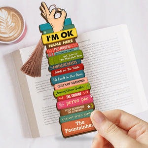 Book I'm OK Bookstack - Personalized Wooden Bookmark - Gift for Book Lovers - Bookmarks - GoDuckee