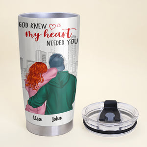 Personalized Hoodie Couple Tumbler - God Knew My Heart Needed You, Couple Hugging Back View - Tumbler Cup - GoDuckee