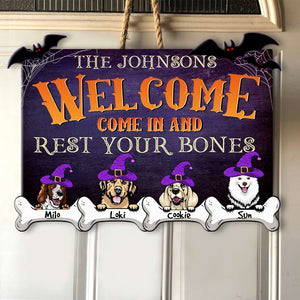 Personalized Halloween Witch Dog Welcome Wood Sign, Come In And Rest Your Bones - Wood Sign - GoDuckee
