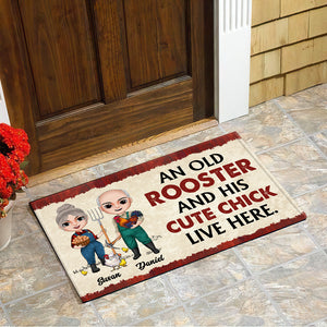 An Old Rooster And His Cute Chick Live Here - Personalized Doormat - Doormat - GoDuckee