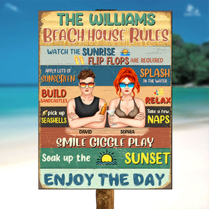 Personalized Hawaii Wreath Couple Metal Sign - Beach House Rules Enjoy The Day - Metal Wall Art - GoDuckee