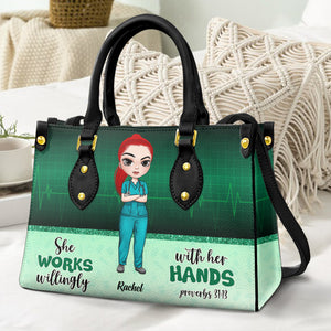 She Works Willingly With Her Hands - Personalized Leather Bag - Gift For Nurse - Leather Bag - GoDuckee