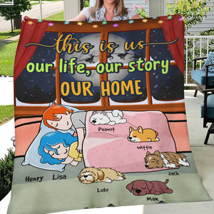 Personalized Cartoon Sleeping Couple & Dog Breeds Blanket - This Is Us Our Life Our Story Our Home - Blanket - GoDuckee