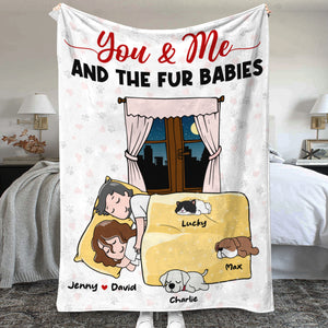 You & Me And Fur Babies, Personalized Cartoon Sleeping Couple & Cat, Dog Breeds Blanket - Blanket - GoDuckee