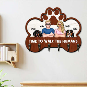 Dogs Time To Walk The Humans - Personalized 2 Layers Wood Key Hanger - Wood Sign - GoDuckee