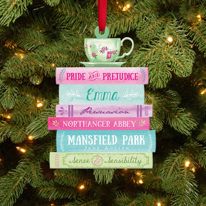 Jane Austen Bookstack and Tee Cup Personalized Christmas Ornament - Ornament - GoDuckee