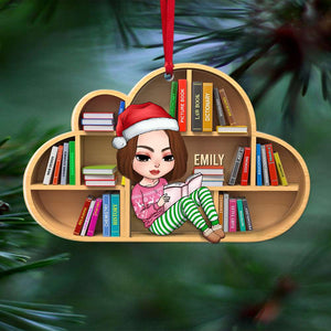 Book Girl Reading On Bookshelf, Personalized Acrylic Ornament - Ornament - GoDuckee