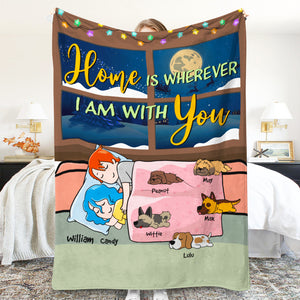 Personalized Cartoon Sleeping Couple & Dog Breeds Blanket - Home Is Wherever I Am With You - Blanket - GoDuckee