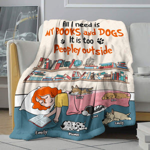 Personalized Cartoon Sleeping Girl & Dog Breeds Blanket - Book Lover - All I Need Is My Books And Cats - Blanket - GoDuckee