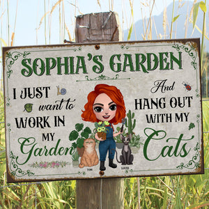 Personalized Gardening Metal Sign Girl With Cats I Just Want To Work In My Garden - Metal Wall Art - GoDuckee