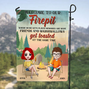 Personalized Camping Flag Friends Drinking Beside Bonfire - Flag - GoDuckee