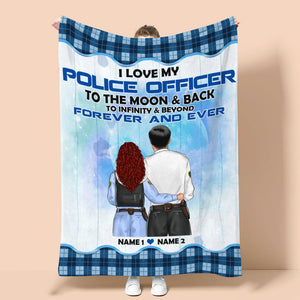Personalized Police Couple Blanket - I Love My Police Officer To The Moon And Back - Blanket - GoDuckee