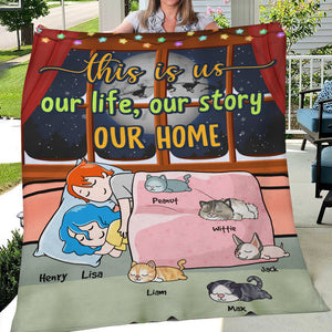 Personalized Cartoon Sleeping Couple & Cat Breeds Blanket - This Is Us Our Life Our Story Our Home - Blanket - GoDuckee