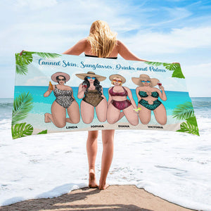 Tanned Skin, Sunglasses, Drinks - Personalized Beach Towel - Gift For Salty Sisters, Best Friend, Girls Trip - Leopard Pattern - Beach Towel - GoDuckee