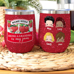 Personalized Cartoon Grandkids Wine Tumbler - Being A Grandma Is My Jam - Strawberry Theme - Wine Tumbler - GoDuckee