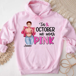 In October We Wear Pink, Personalized Breast Cancer Shirt, Pink Ribbon Girl - Shirts - GoDuckee
