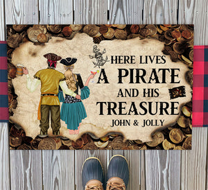 Personalized Pirate Couple Doormat - Here Lives A Pirate And His Treasure - Vintage Coin Theme - Doormat - GoDuckee