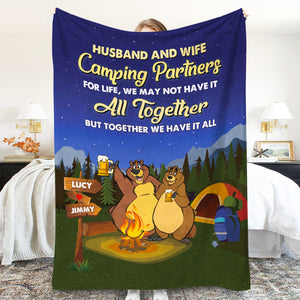 Personalized Drinking Bear Couple Blanket - Husband And Wife, Camping Partner For Life - Blanket - GoDuckee