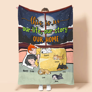 Personalized Cartoon Sleeping Couple & Cat Breeds Blanket - This Is Us Our Life Our Story Our Home - Blanket - GoDuckee