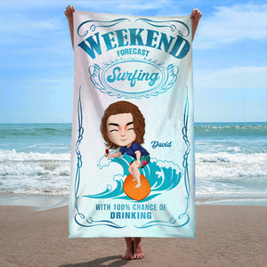 Weekend Forecast Surfing With 100% Chance Of Drinking - Personalized Beach Towel - Beach Towel - GoDuckee