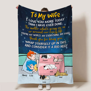 Personalized Cartoon Sleeping Couple & Cat, Dog Breeds Blanket - To My Wife - Blanket - GoDuckee