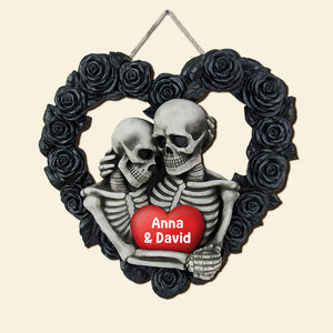 Personalized Skeleton Couple Wood Sign, Black Rose Heart Shape, Gift For Couple - Wood Sign - GoDuckee
