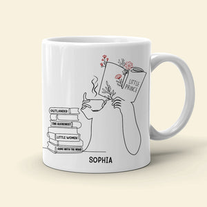 Girl Reading & Drink Coffee Line Art - Custom Book Title Mug - Gift For Book Lovers - Coffee Mug - GoDuckee