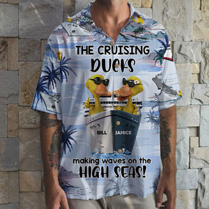 Personalized Cruising Duck Couple Hawaiian Shirt - Making Waves On The High Seas - Cruise & Palm Treen Pattern - Hawaiian Shirts - GoDuckee