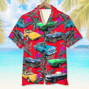 Custom Classic Car Photo Hawaiian Shirt, Purple Parrot Seamless Pattern, Gift For Car Lovers (Car0902) - Hawaiian Shirts - GoDuckee