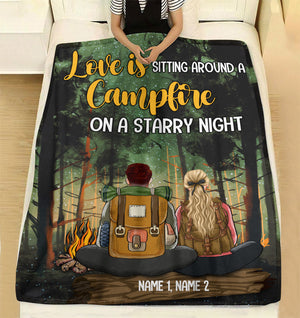 Personalized Camping & Hiking Couple Blanket - Love Is Sitting Around A Campfire On A Starry Night - Blanket - GoDuckee