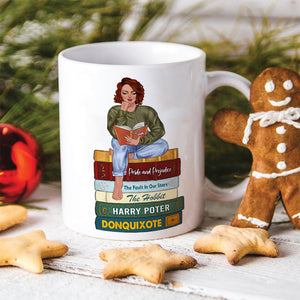 Reading Girl Sitting On Bookstack, Personalized White Mug - Coffee Mug - GoDuckee