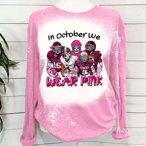 Breast Cancer Horror Football Team, In October We Wear Pink Bleached Long Sleeve T-shirt - Shirts - GoDuckee