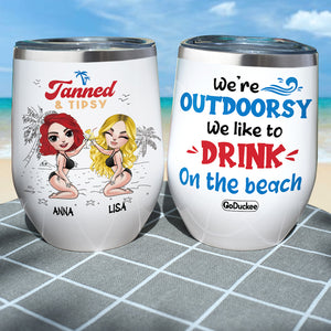 Bikini Sister Dolls - Personalized Wine Tumbler - Tanned & Tipsy, Drink On The Beach - Wine Tumbler - GoDuckee