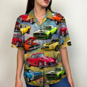 Custom Muscle Car Photo Hawaiian Shirt, Flower Field Pattern - Hawaiian Shirts - GoDuckee