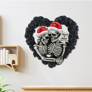 Personalized Skeleton Couple Wood Sign, Black Rose Heart Shape - Wood Sign - GoDuckee