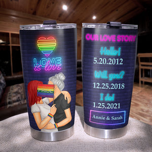 Personalized LGBT Couple Tumbler - Our Love Story, Hello Will You? I Do - Tumbler Cup - GoDuckee
