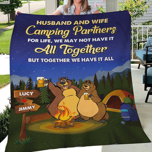 Personalized Drinking Bear Couple Blanket - Husband And Wife, Camping Partner For Life - Blanket - GoDuckee