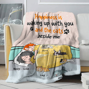 Personalized Cartoon Sleeping Couple & Dog Breeds Blanket - Happiness Is Waking Up With You - Blanket - GoDuckee