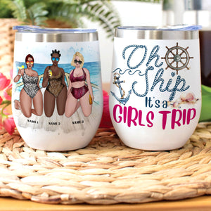Personalized Bikini Girls Trip Wine Tumbler - Oh Ship It's A Girls Trip - Leopard Pattern - Wine Tumbler - GoDuckee